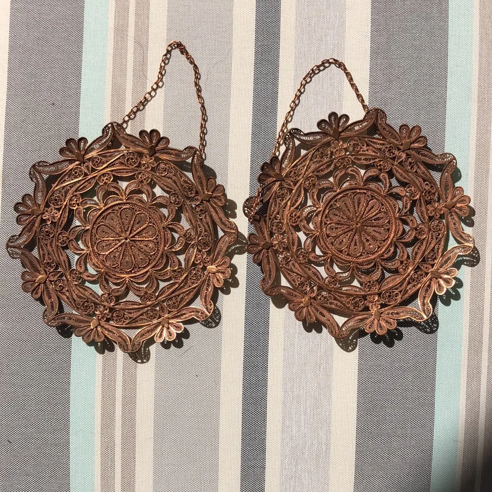 Vintage Rare Mid Century Albanian Handcrafted Copper Wall Art Filigree Decor Set